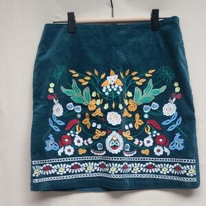 100% Cotton Simplee Corduroy Embroidered Floral Skirt - Teal